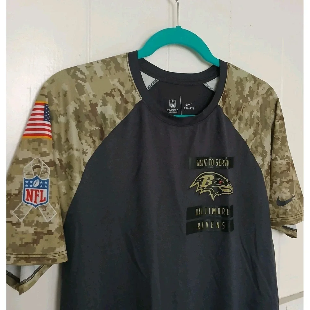 Baltimore Ravens Nike T Shirt M Green Camo Salute To Service Dri-Fit‎ 3/4 Sleeve